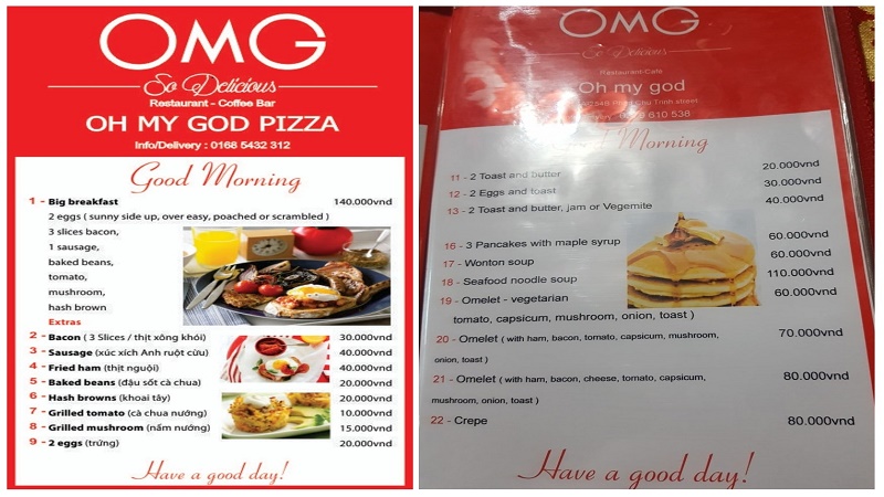 Thực đơn tại OMG Restaurant Cafe