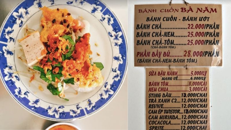 Menu quán bánh cuốn Bà Năm