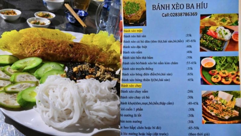 Menu quán bánh xèo Ba Híu
