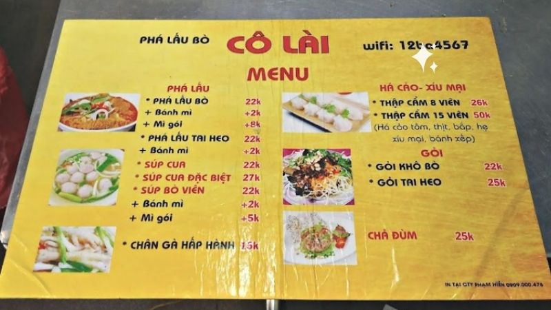 Menu quán phá lấu bò cô Lài