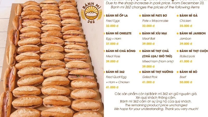 Menu quán bánh mì 362